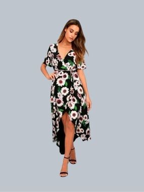 Lulus Flower Market Black Floral Print High-Low Wrap Dress Maxi S